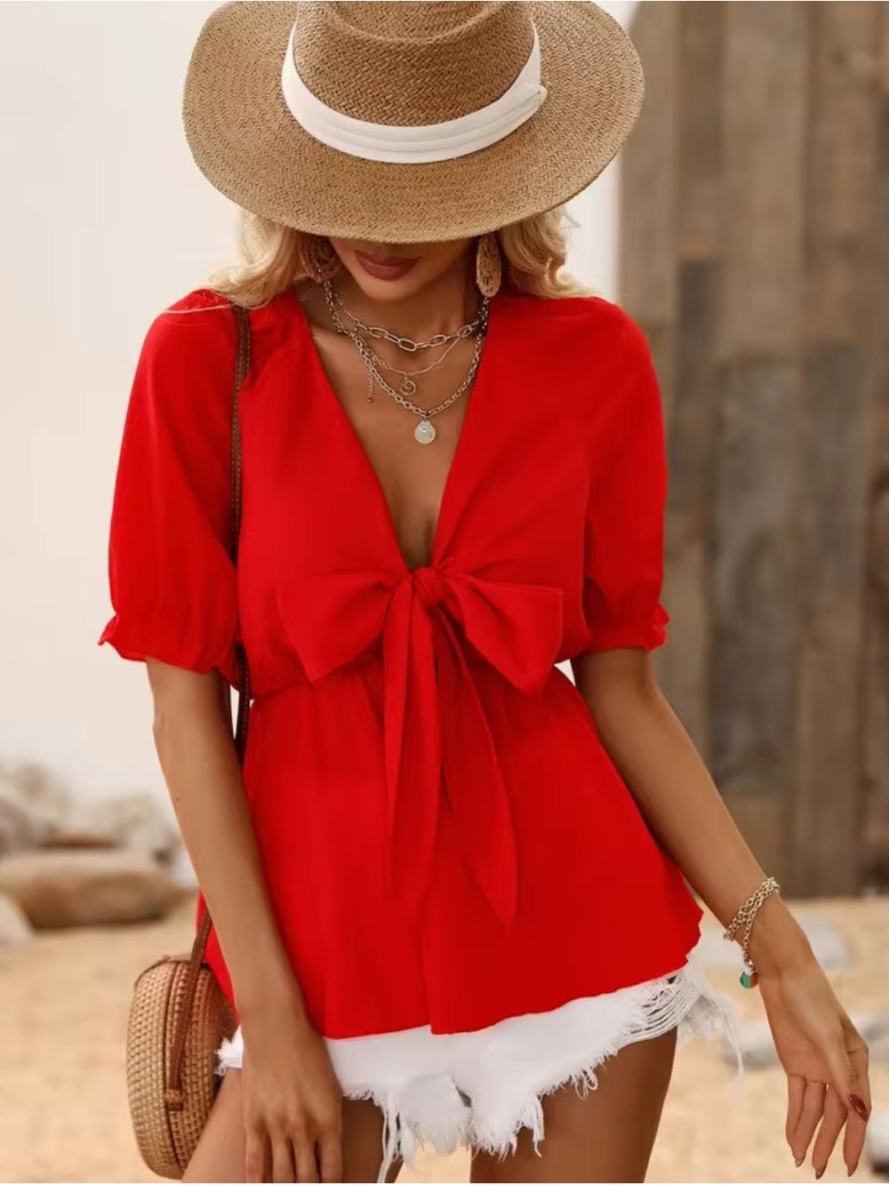 SHEIN Red Tie-Front V-Neck Bow Blouse